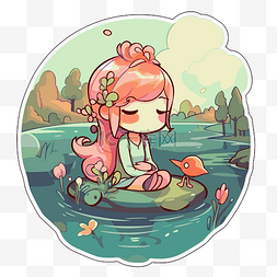 卡通女孩坐在池塘里漂浮的彩色花