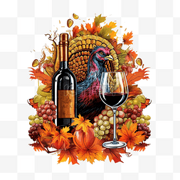 葡萄酒的标志图片_火鸡和葡萄酒感恩节排版 T 恤设计