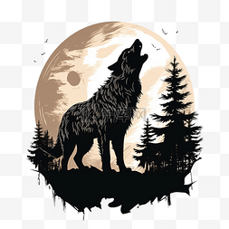 嚎叫的狼和满月的剪影PNG插图