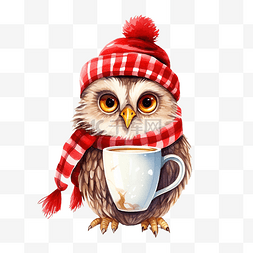 圣诞围巾插画图片_可爱的卡通圣诞猫头鹰在红帽子和