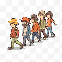 卡通人物排队图片_一群戴着帽子的人并肩行走剪贴画