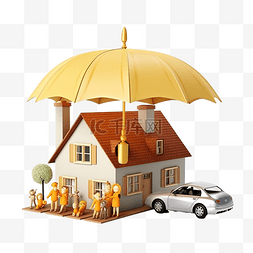 住房安全图片_3d 房子与木制娃娃人物家庭伞车