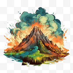 活火山，冒着恐龙时代烟雾，绿山