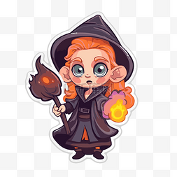 pocus图片_拿着火炬的小贴纸形状的女巫 向