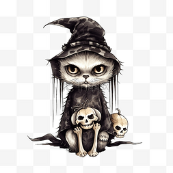骨骼动物图片_骷髅服装中的猫手绘万圣节插画
