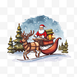 雪花村庄素材图片_圣诞节背景与圣诞老人乘坐驯鹿雪