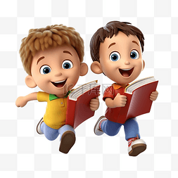 动画可爱带字可爱图片_3d 渲染可爱的孩子带着书跑