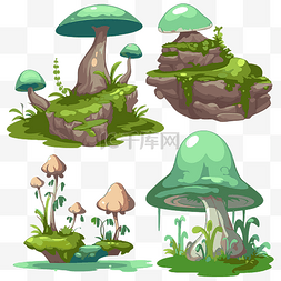 自然剪贴画四个卡通蘑菇在森林中