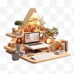 互联网会议背景图片_在家工作中的 3D 插图演示