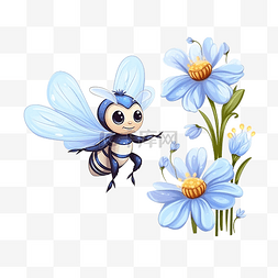 飞行的蜜蜂和蓝色的花卡通插图