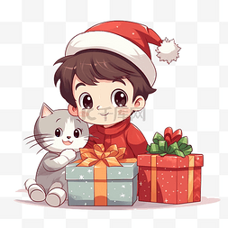 卡通圣诞树矢量图图片_卡通可爱圣诞男孩和猫打开礼盒矢