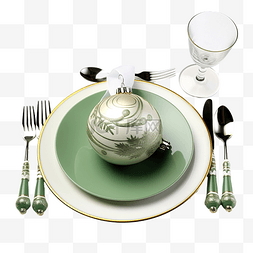 阴森的室内图片_家庭圣诞餐桌布置，绿色和白色装
