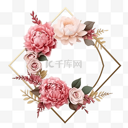 粉色水彩图片_粉红玫瑰牡丹花束花环带框带金色