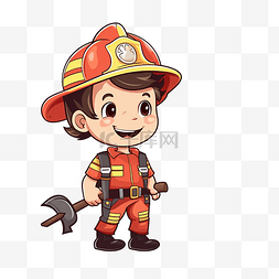 儿童卡通漫画插画图片_一个穿着消防员制服拿着斧头的男