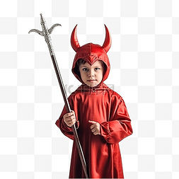 自信的孩子图片_自信的小男孩打扮成魔鬼，拿着三