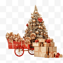 驾驶的图片_带礼物和圣诞树明信片的圣诞雪橇