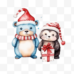 卡通企鹅和北极熊图片_可爱的熊和企鹅圣诞节与水彩插图
