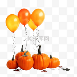 蜘蛛网气球图片_南瓜与秋叶和橙色气球与人造蜘蛛