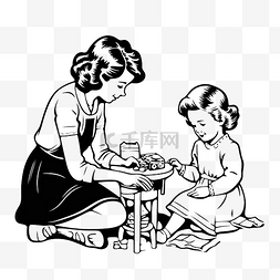小女孩与母亲折叠袜子的黑白矢量