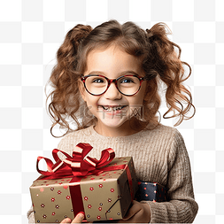 戴眼镜带着圣诞礼物的滑稽女孩