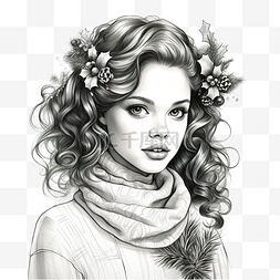 手绘素描脸图片_线条艺术风格的圣诞礼服美丽女孩