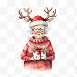 养老金图片图片_奶奶戴着鹿圣诞帽，手里拿着圣诞