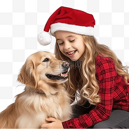 庆祝圣诞节的狗狗图片_金发女孩和她的狗戴着圣诞老人的