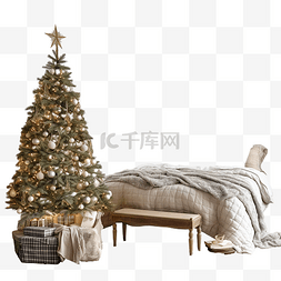 一间配有装饰圣诞树和花环的卧室