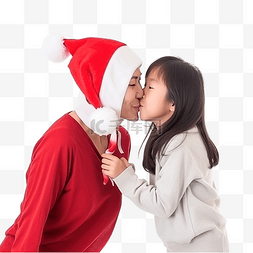 亚洲儿子穿着圣诞服装亲吻她的母