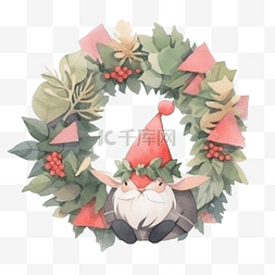 圣诞冬青花环与侏儒水彩插图