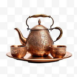 具有艺术雕花的铜茶壶和茶杯