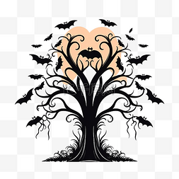 万圣节树和蝙蝠在夜间设计