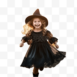 快乐的小女巫万圣节在户外玩得开
