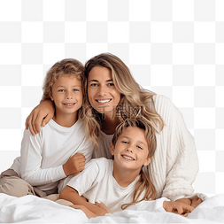 人床图片_美丽的母亲和她的两个孩子拥抱在