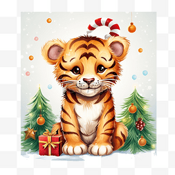 放插画图片_圣诞贺卡可爱的老虎，配有圣诞树