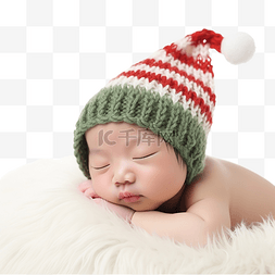 在睡的婴儿图片_戴着针织圣诞精灵帽子睡在白色毛