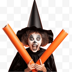 制作面具图片_穿着万圣节服装的小丑女孩用橙色