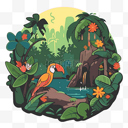 在河边的楼图片_雨林剪贴画中河边鹦鹉的插图 向