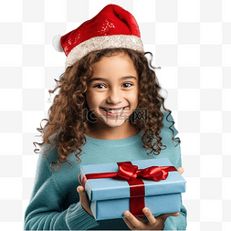 女孩拿包图片_戴着圣诞帽拿着一份礼物在孤立的