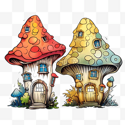 幻想蘑菇屋水彩矢量插画与线条艺