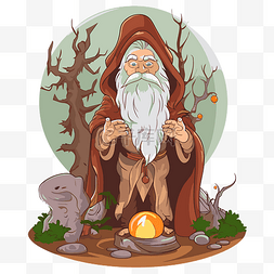 异教剪贴画卡通白袍巫师坐在树桩