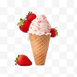 红草莓上的甜甜筒冰淇淋