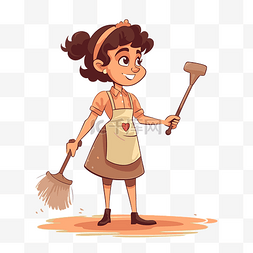 管家剪贴画卡通女孩用扫帚打扫房