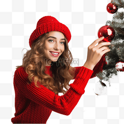 戴着圣诞帽和红色毛衣的美丽年轻