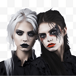 可怕的万圣节化妆两个女孩扮演吸血鬼的角色，长着獠牙和黑色羽毛