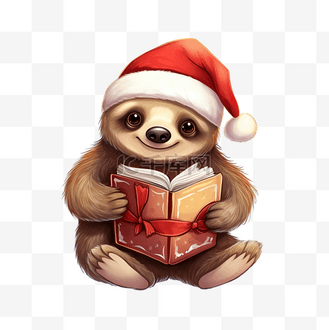 可爱的卡通圣诞树懒在礼品盒里看书的插图