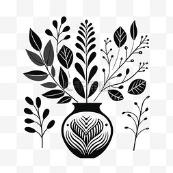 花瓶黑色图片_装饰涂鸦叶植物与花瓶