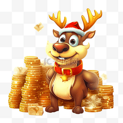 可爱卡通老人图片_圣诞快乐卡通驯鹿与大钱硬币堆