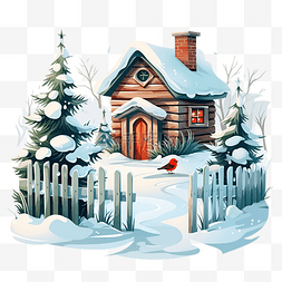 别墅雪插画图片_带木栅栏和红腹灰雀鸟情侣的绿色