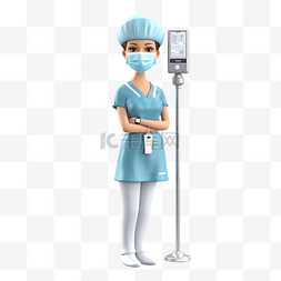 戴着口罩的护士站在输液杆附近 3D
